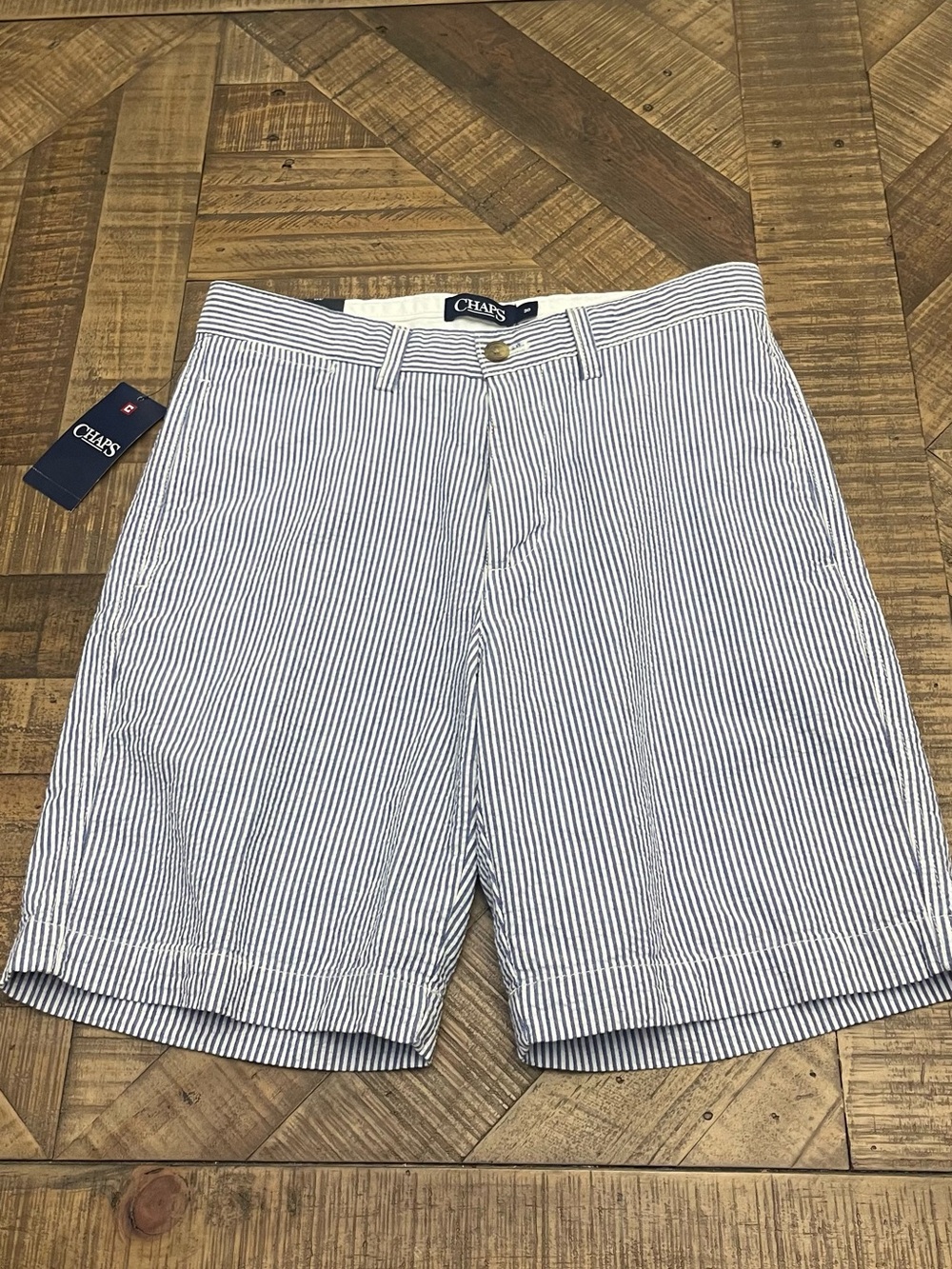 Chaps brand blue and white striped cotton seersucker shorts
